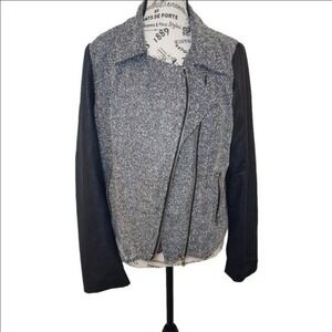 Daniel Rainn Gray Herringbone Tweed Moto Jacket Faux Leather Sleeves Size M